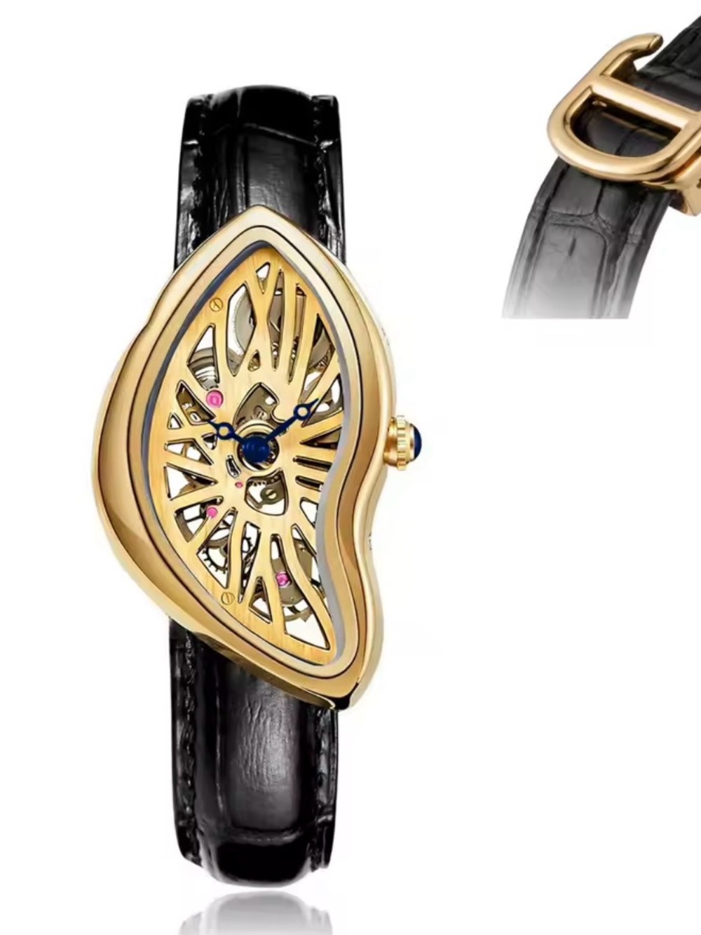 Gold Skeleton Teardrop Women's Watch with Black Leather Strap